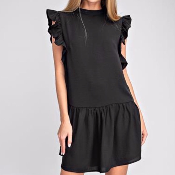 *NEW* BLACK RUFFLED SLEEVE MINI SKIRT DRESS - Picture 1 of 5